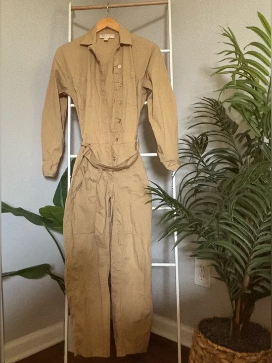 Michael Kors Tan Button-Front Utility Jumpsuit - Picture 4 of 14